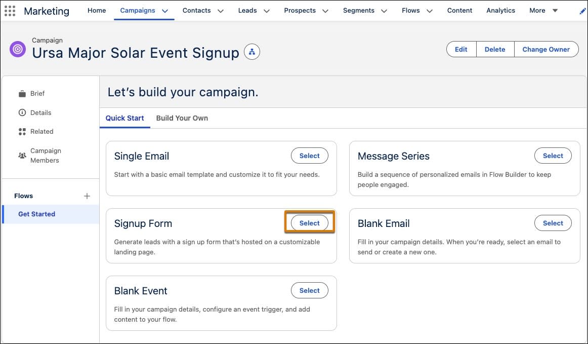 Campaign canvas with cards to build the campaign. On the Signup Form, the Select button is highlighted.