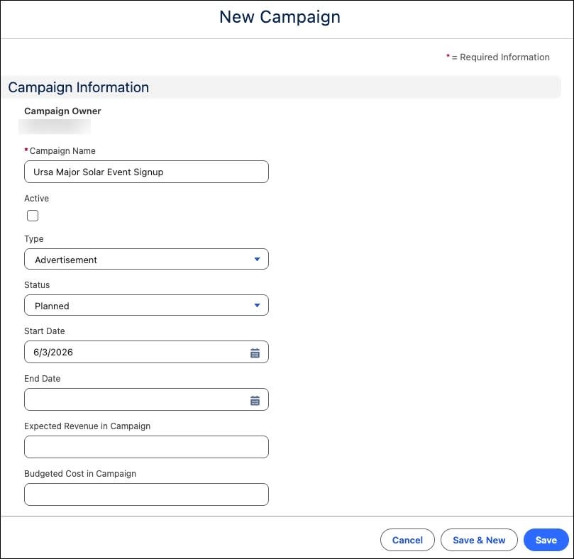 New Campaign form with details of the campaign.