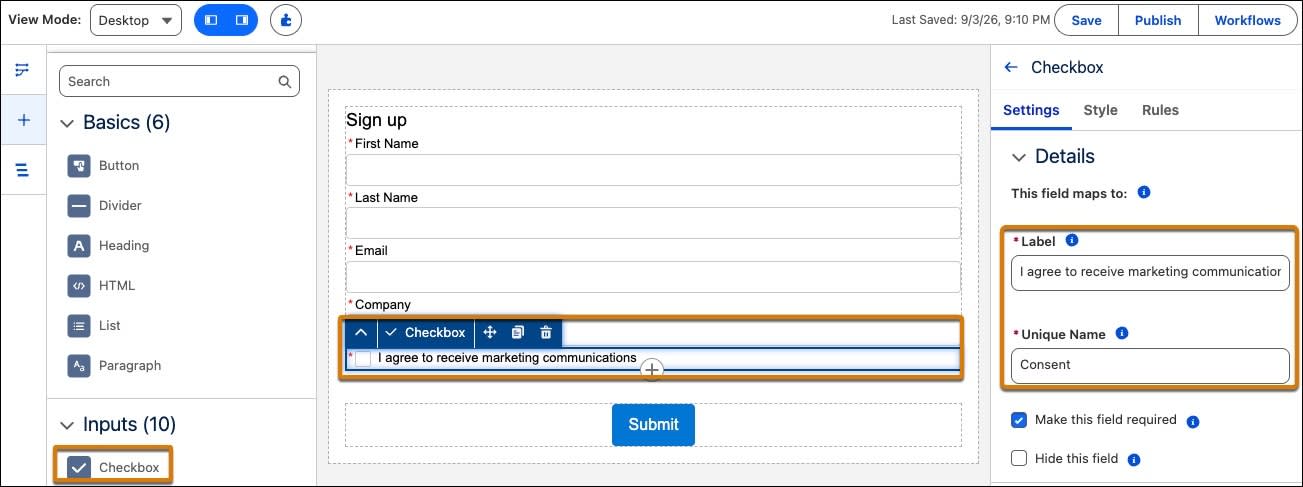 Consent form with the Plus icon, Checkbox, Label, and Unique Name highlighted.