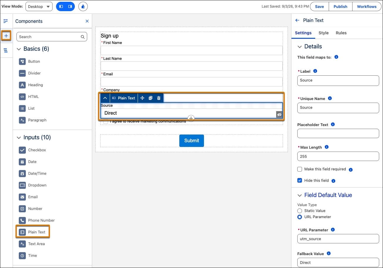The hidden field form with Plus icon, Plain Text, Source, and Save button highlighted.