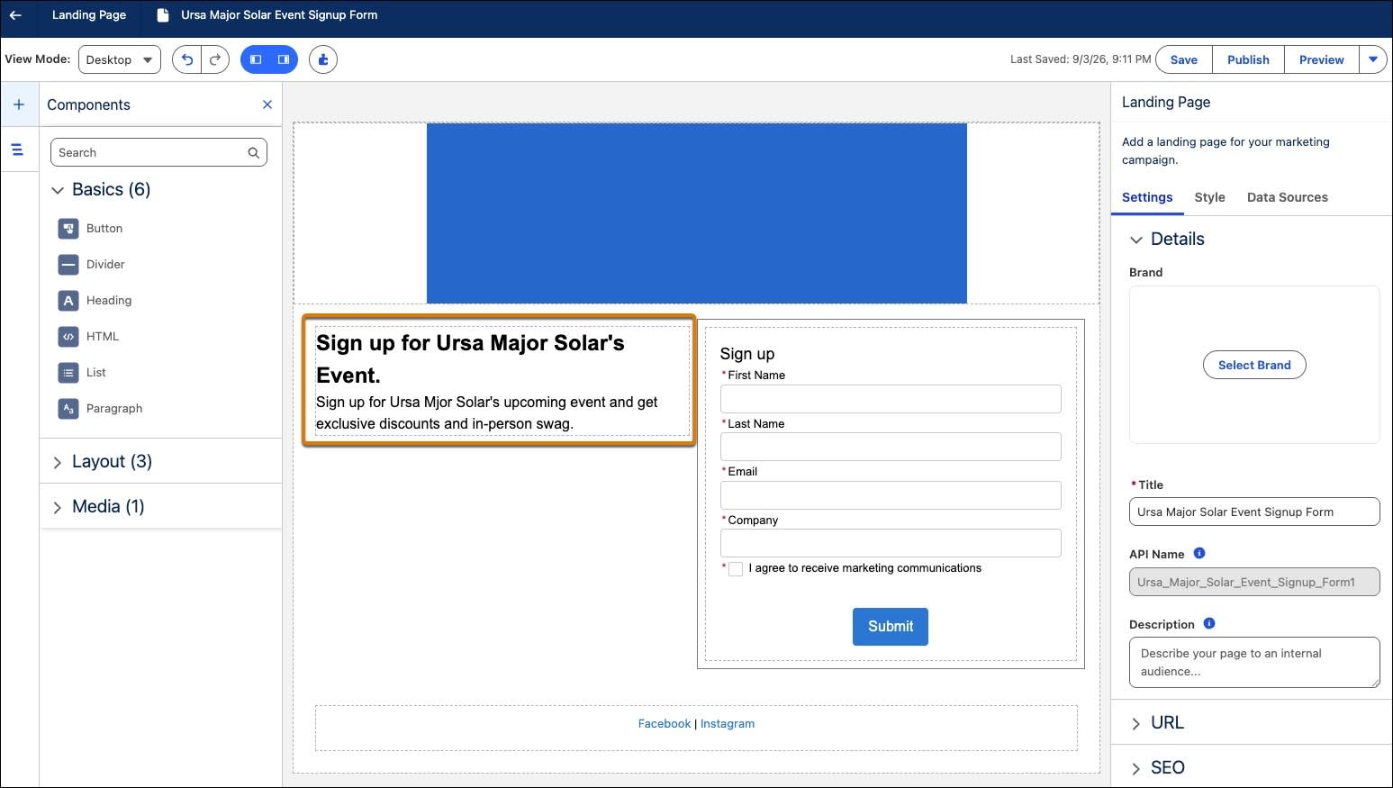 Ursa Major Solar Event Signup Landing Page details.