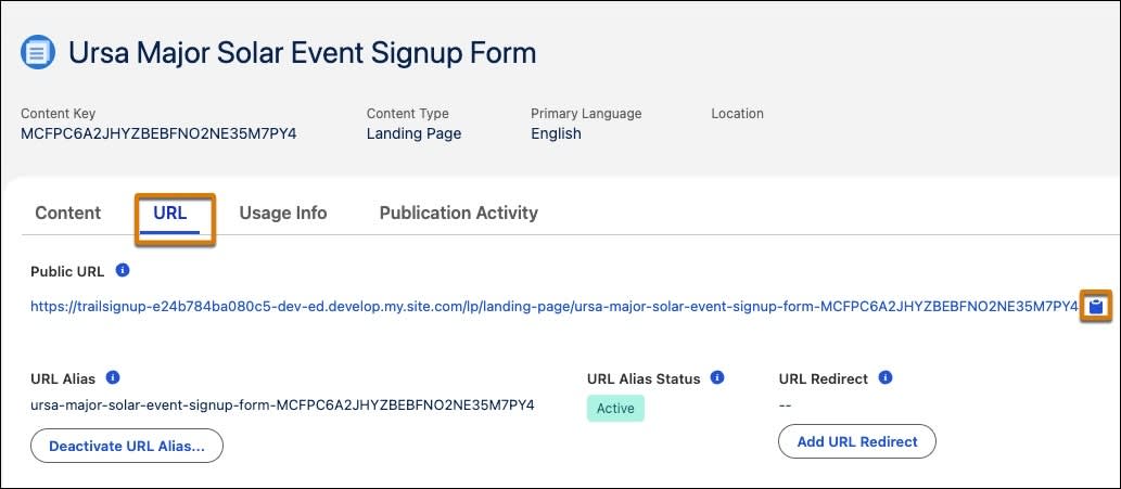 Ursa Major Solar Event Signup Landing Page with URL and Public URL highlighted.