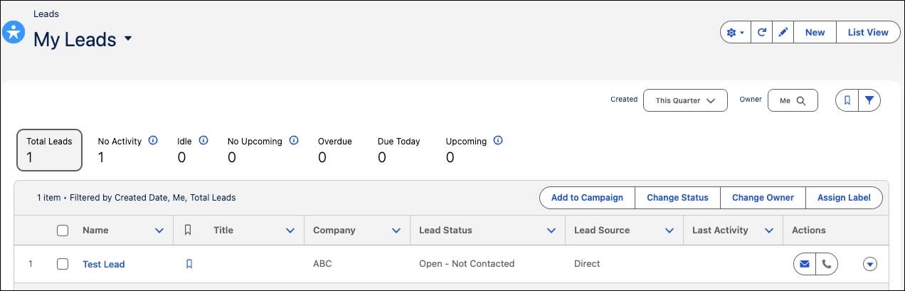 Test Lead record showing in the My Leads list.
