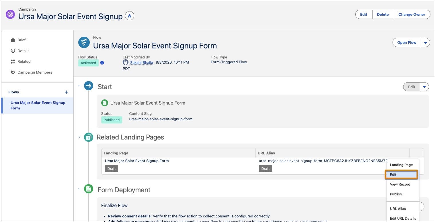 Ursa Major Solar Event Signup campaign canvas with related landing pages.