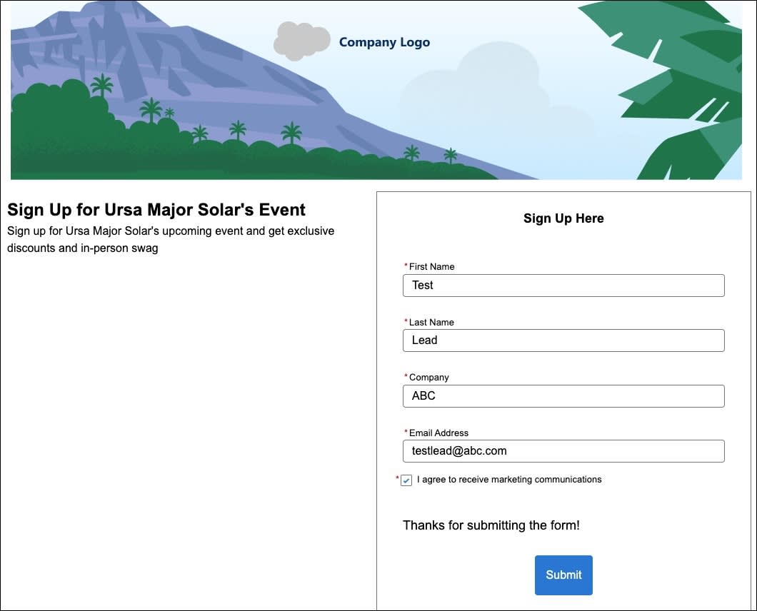 Ursa Major Solar’s Event landing page test form.