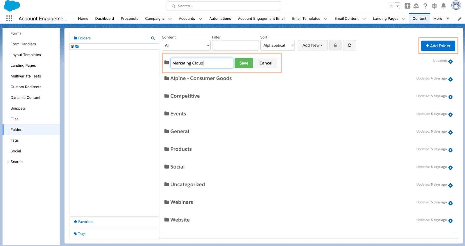 Marketing Cloud が強調表示されている Account Engagement ページ。