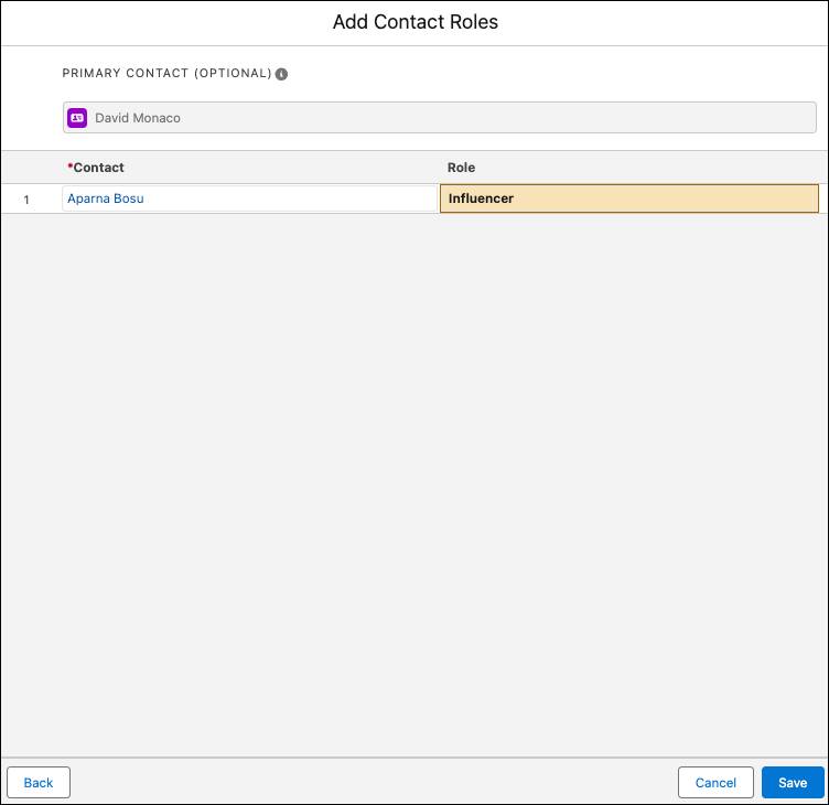 The system step of adding a role to a contact role in an opportunity.
