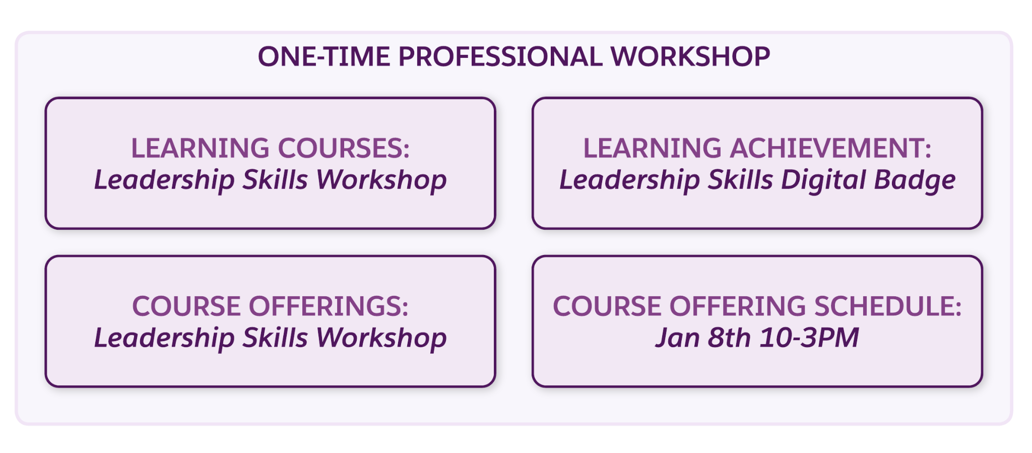 Diagram of one-time professional workshop objects as described in the table.