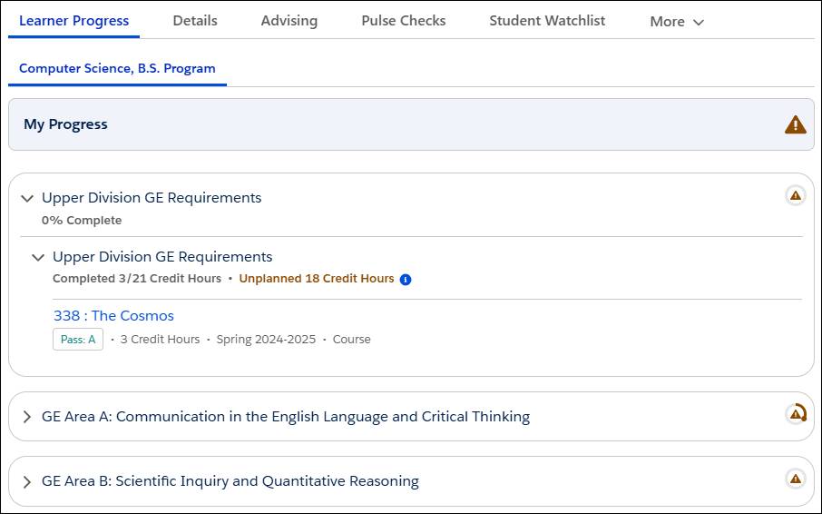 Degree Progress tab of the Learner Portal.