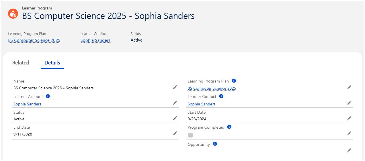 BS Computer Science 2025 - Sophia Sanders learner program record.