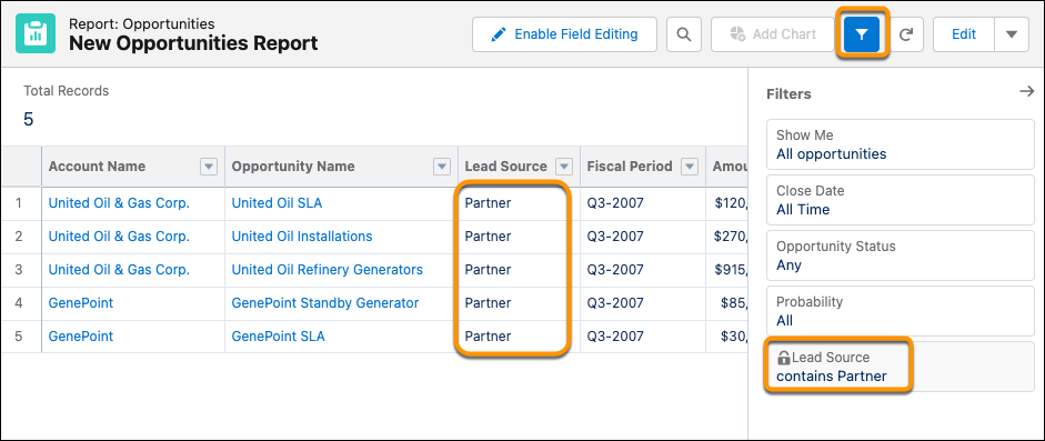 Página de execução do relatório com o ícone de filtro, filtro Partner (Parceiro) bloqueado e entradas na coluna Lead Source (Origem do lead) destacadas.