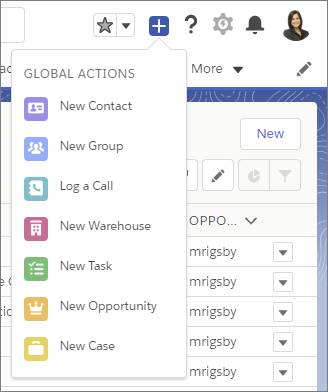 Menu Azioni globali in Lightning Experience
