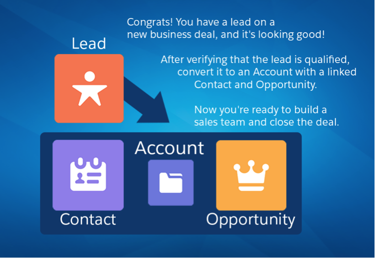 Os leads qualificados são convertidos em contas, contatos e oportunidades.