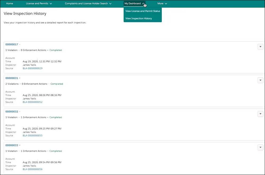 Web ポータルの [Inspection History (検査履歴)] ページ。