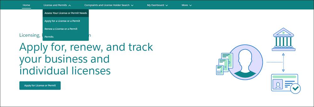 License and Permits menu on the public web portal homepage.