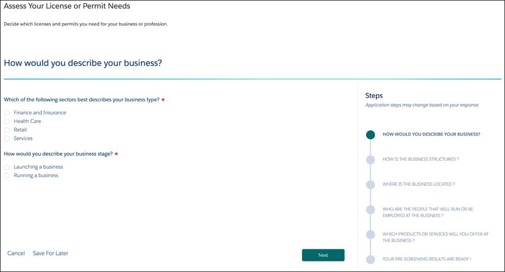 Assess Your License or Permit Needs screen with dynamic forms.