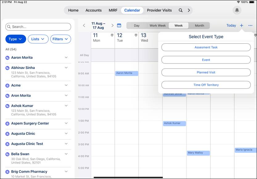 Calendar with Select Event Type actions.