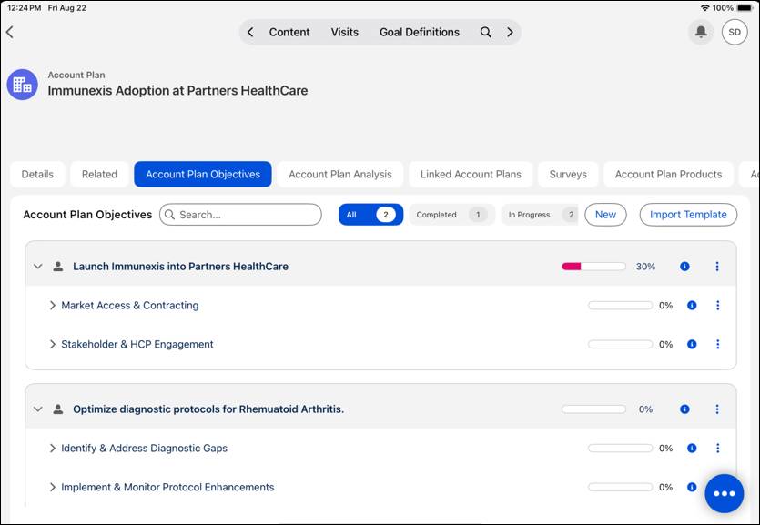 The Account Plan Objectives tab with objectives and tasks.