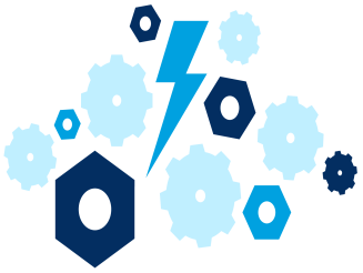 Lightning bolt surrounded by nuts, bolts, and gears