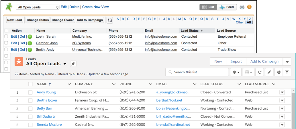 Comparaison de l’aspect des vues de liste dans Salesforce Classic et dans Lightning Experience