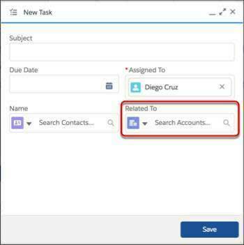 Related To field in a New Task composer window, where you can relate the new task to another record