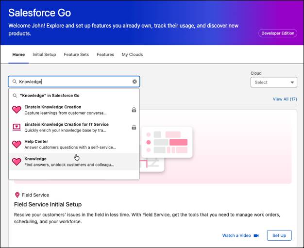 La página de inicio de Salesforce Go con Knowledge escrito en el cuadro de búsqueda de funciones.