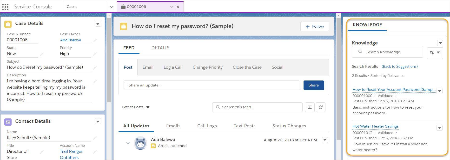 Knowledge pane inside a case. It shows articles for How to Reset Your Account Password and Hot Water Heater Savings.