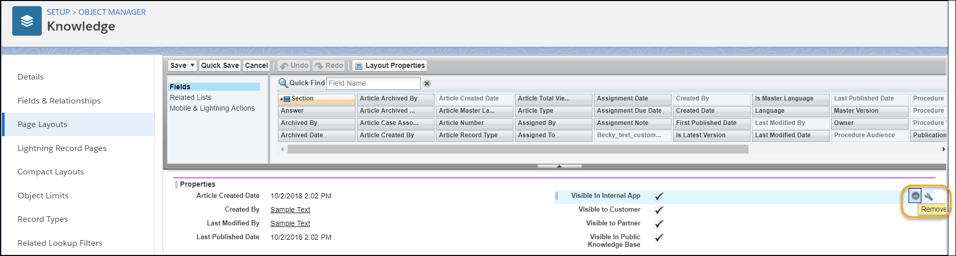 Page Layout Editor scrolled to Properties section with Visible in Internal App and the Remove button highlighted.