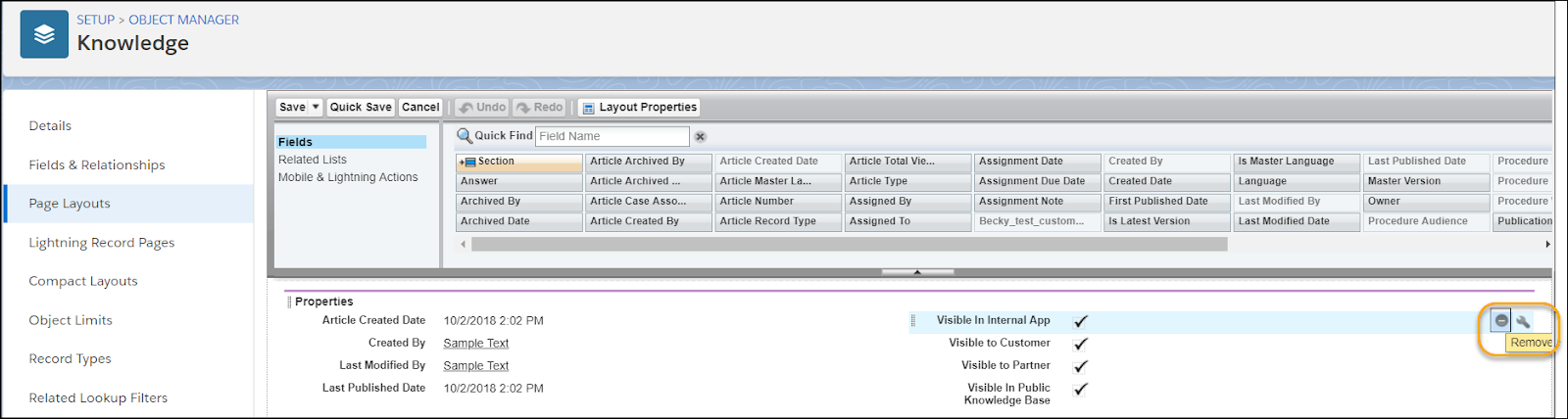 Page Layout Editor scrolled to Properties section with Visible in Internal App and the Remove button highlighted.