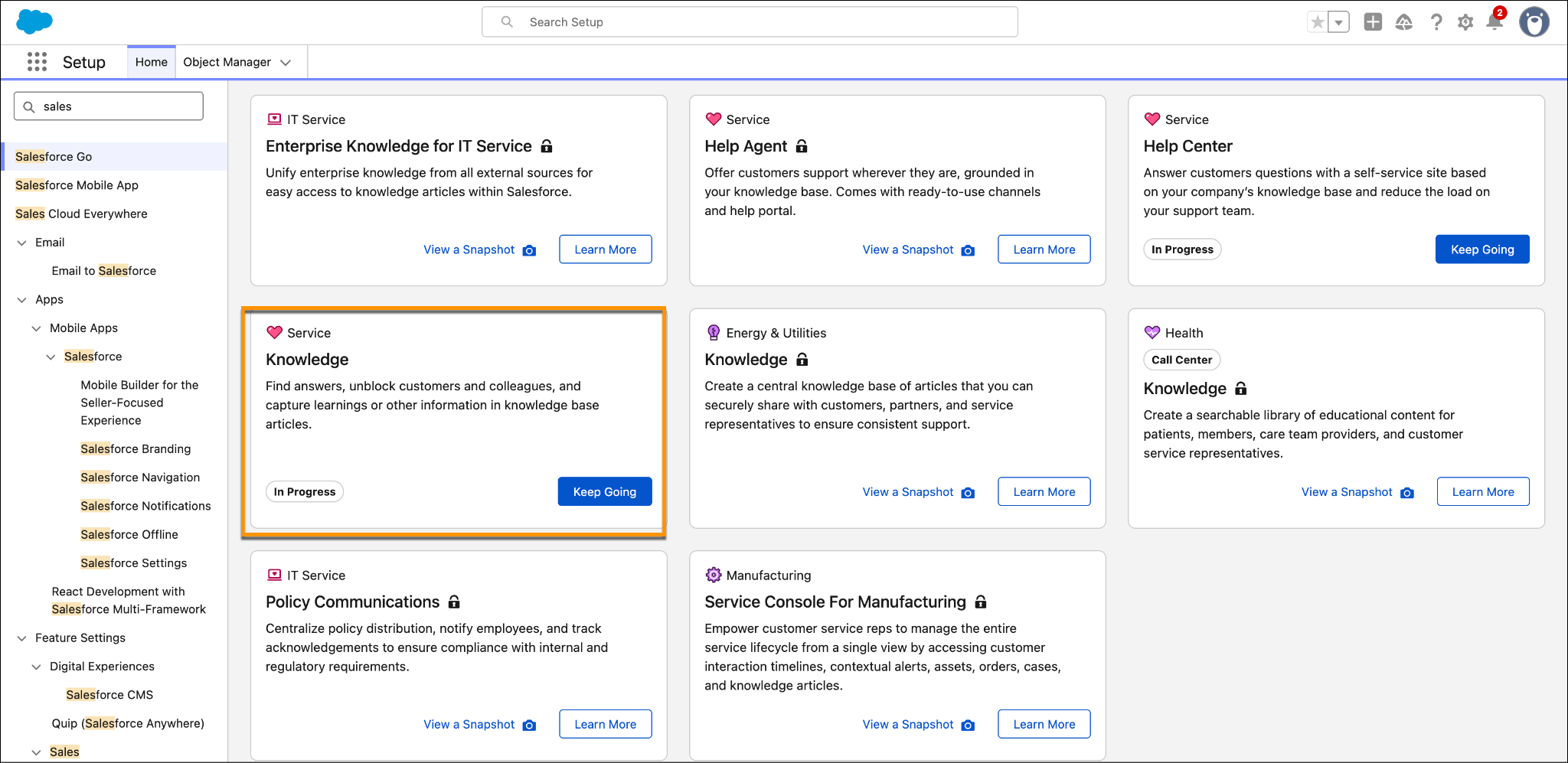 Salesforce Go page with Service Knowledge feature