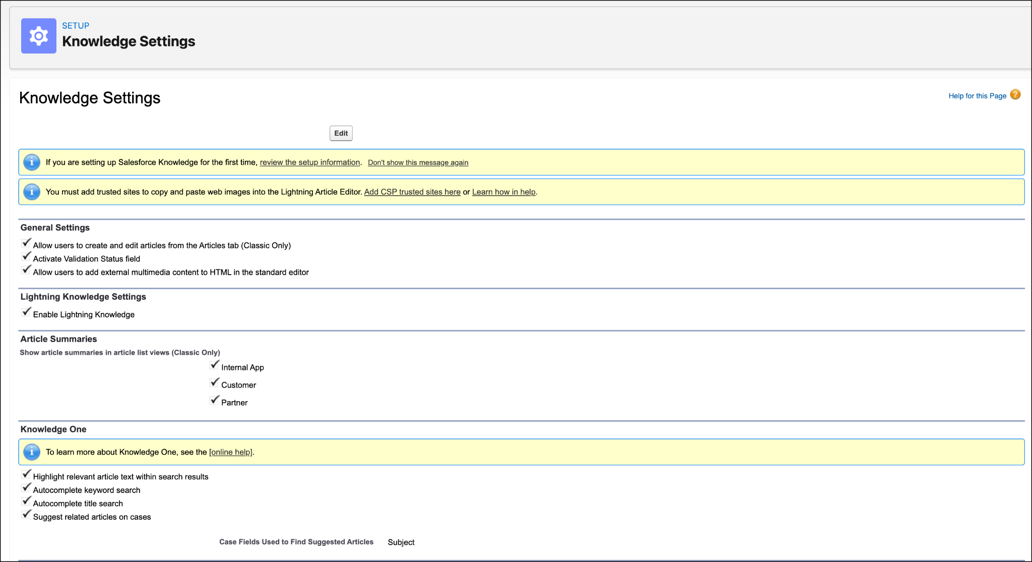 Knowledge Settings page after the Enable Salesforce Lightning Knowledge is selected .