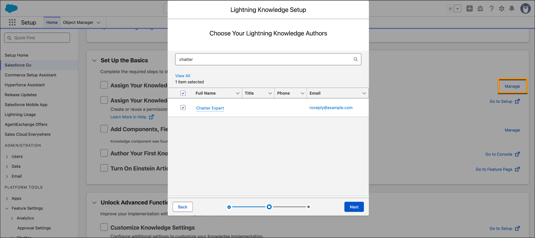 [Lightning Knowledge Setup (Lightning Knowledge の設定)] ダイアログボックス。