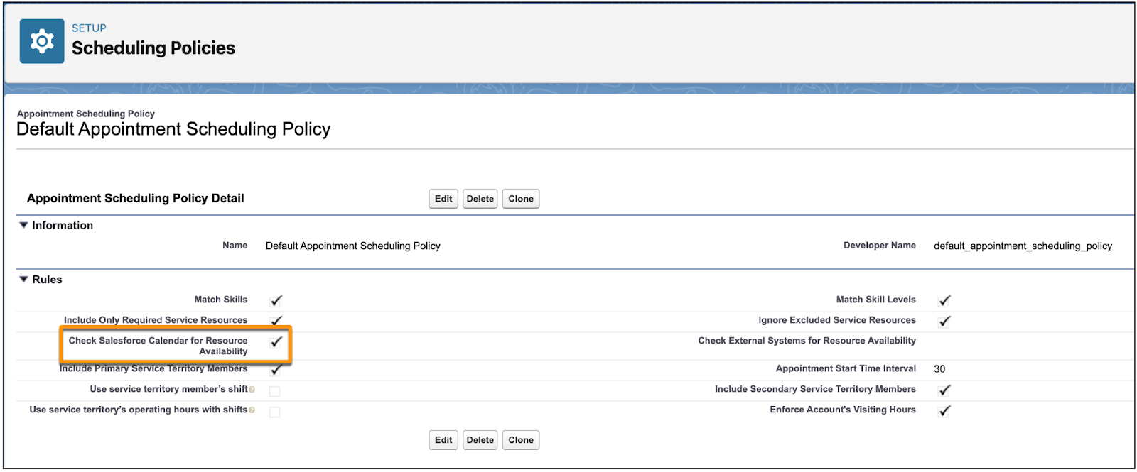 Default Appointment Scheduling Policy page with Check Salesforce Calendar for Resource Availability selected.