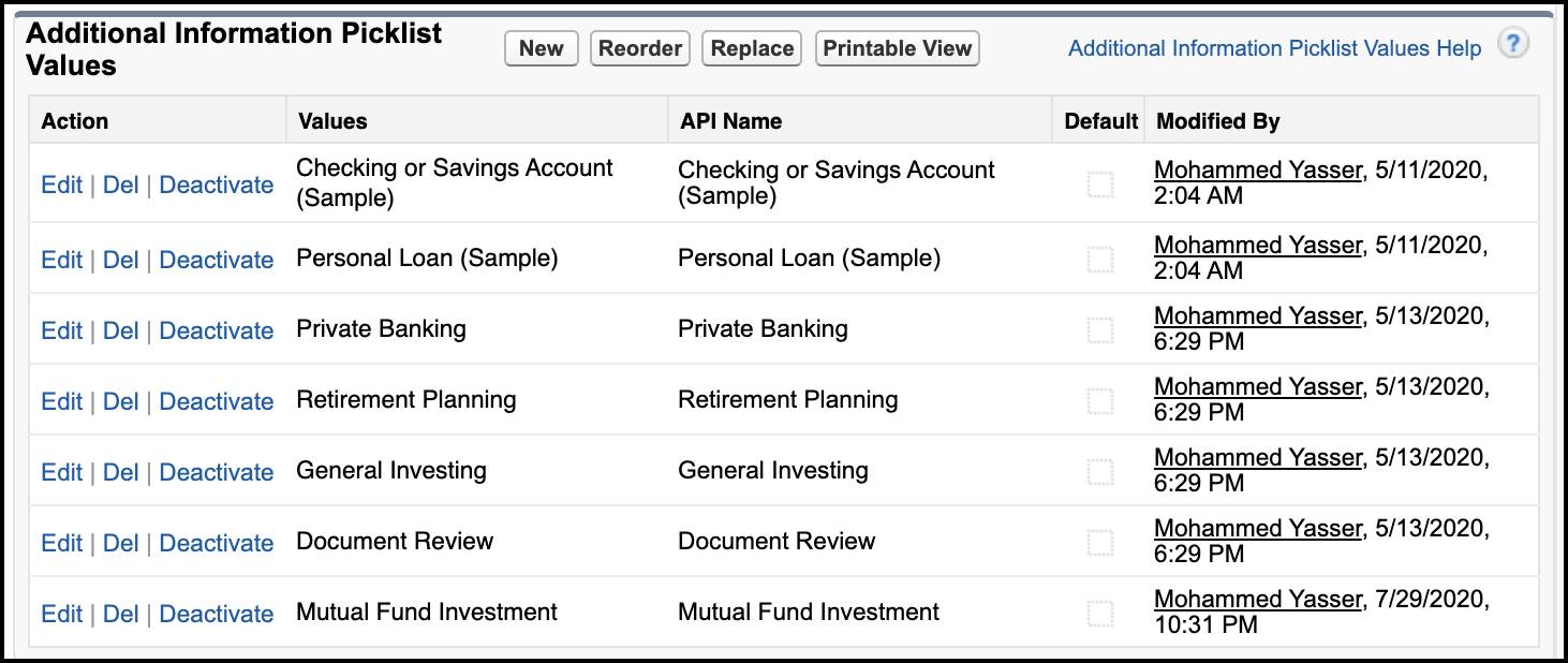 The section Additional Information Picklist Values showing appointment topics.