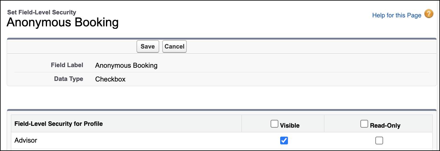 The Set Field-Level Security page showing Visible selected for Advisor.