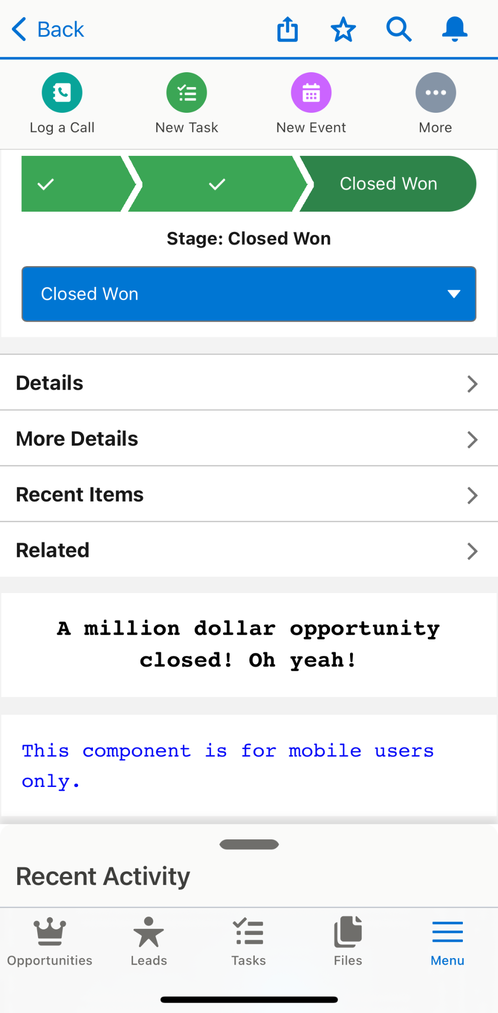 在 Salesforce 移动应用程序上查看的 Dickenson Mobile Generators 记录页面。