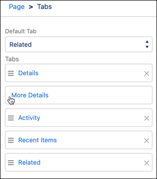 Panel de propiedades del componente Tabs (Fichas) con la lista de fichas.