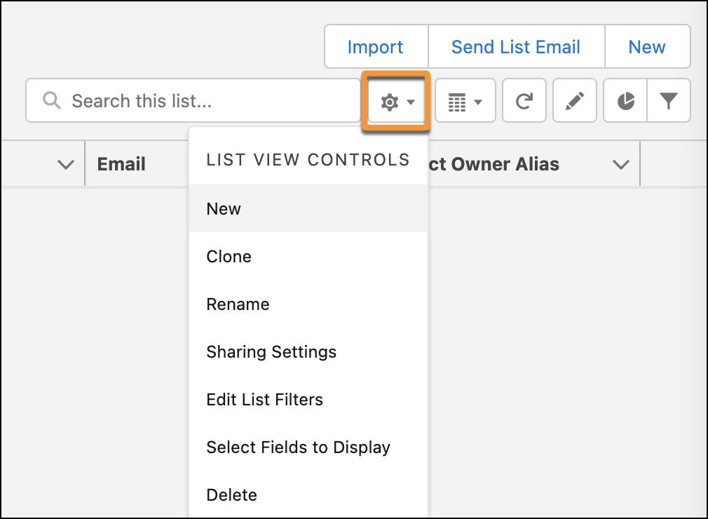 The List View Controls menu items.