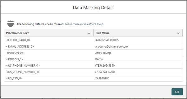 A table is displayed with masked data and the corresponding true values of a credit card number, email address, names, phone numbers, and SSN.