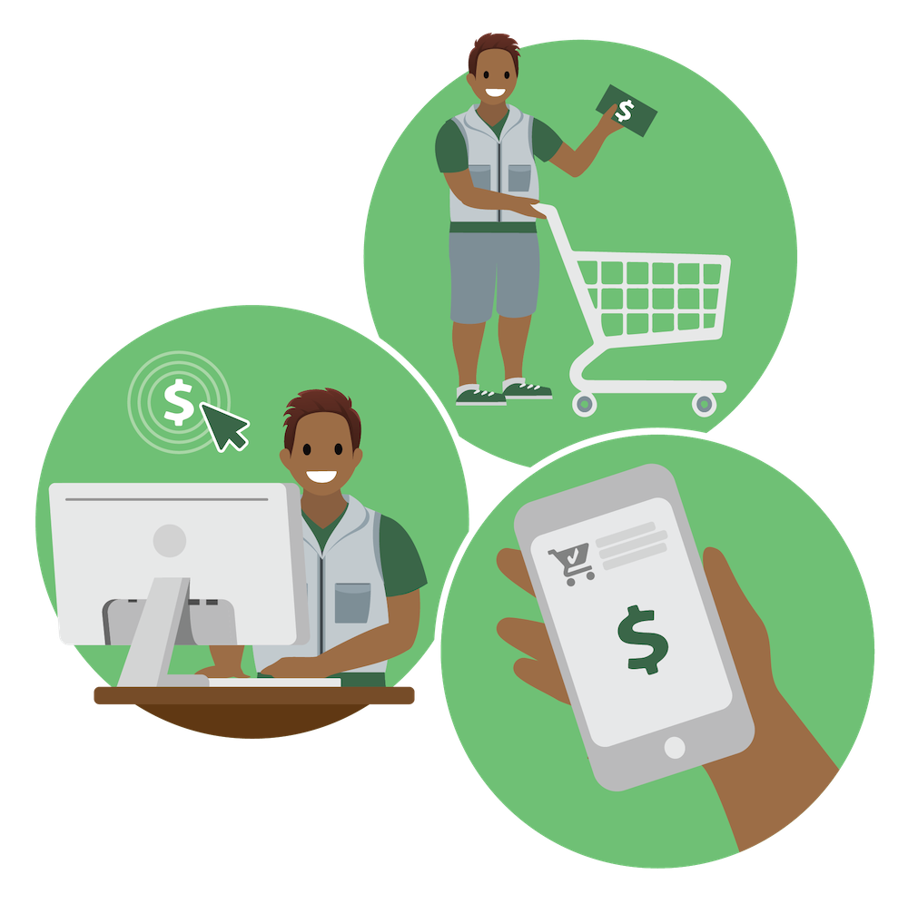 An illustration of different forms of retail experiences - web, mobile, and in-person
