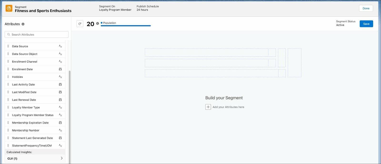 The segment page where you select the attributes to create segment rules.