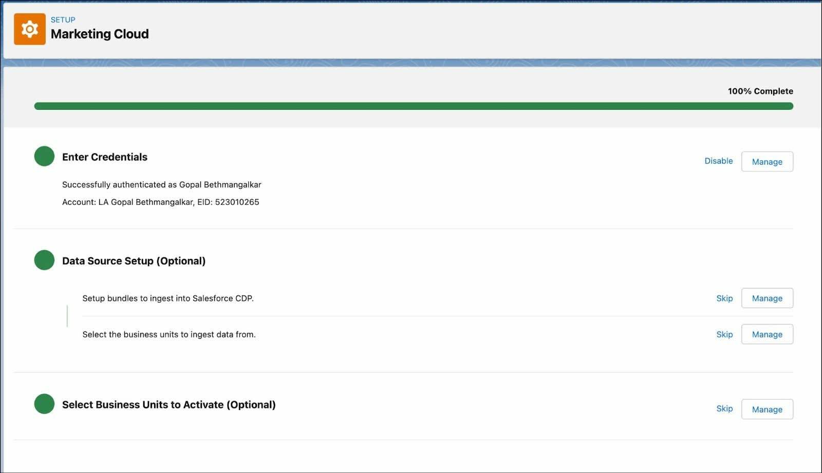 The Setup page where you connect to Marketing Cloud Engagement.