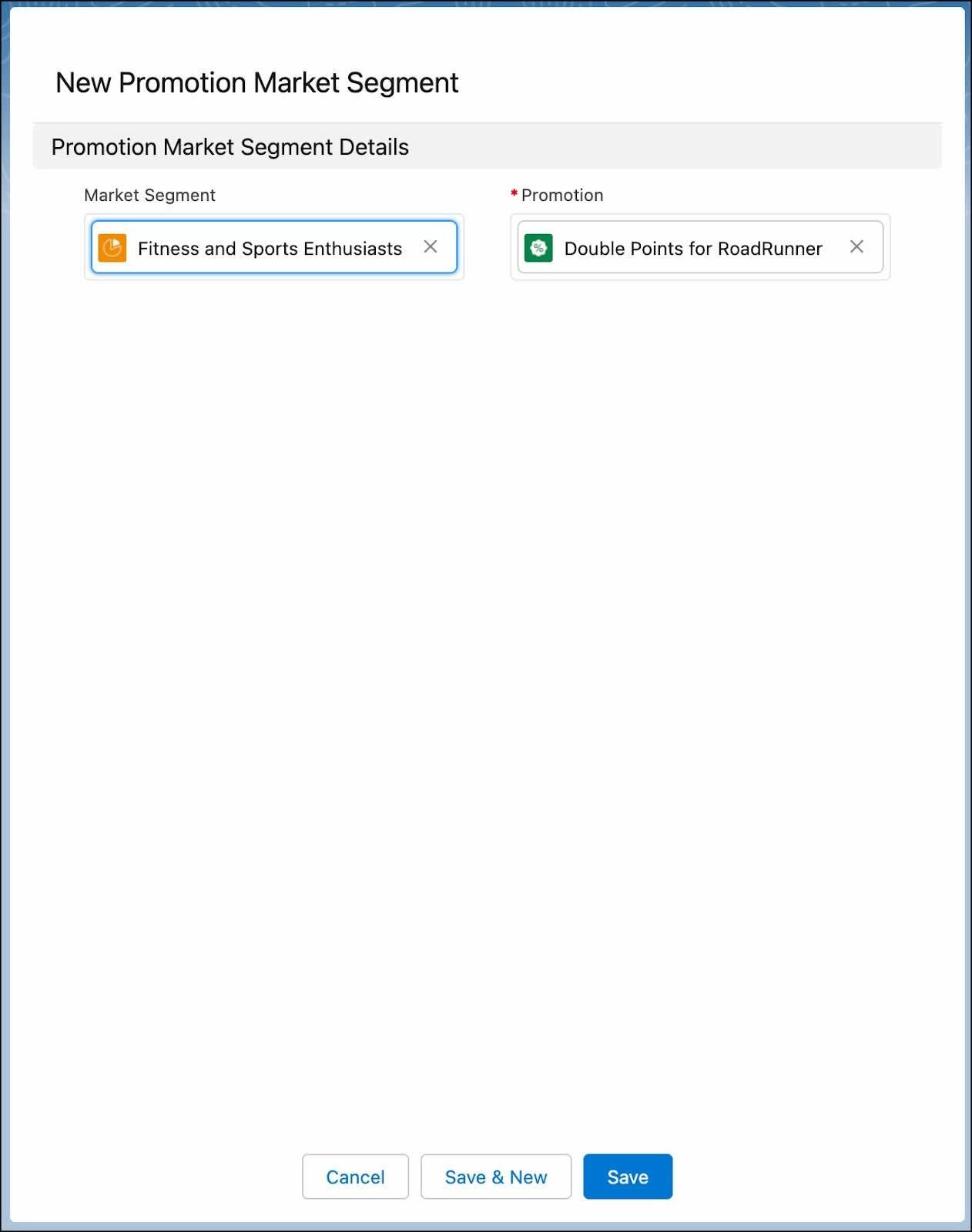 The New Promotion Market Segment window where you associate the promotion with the segment.