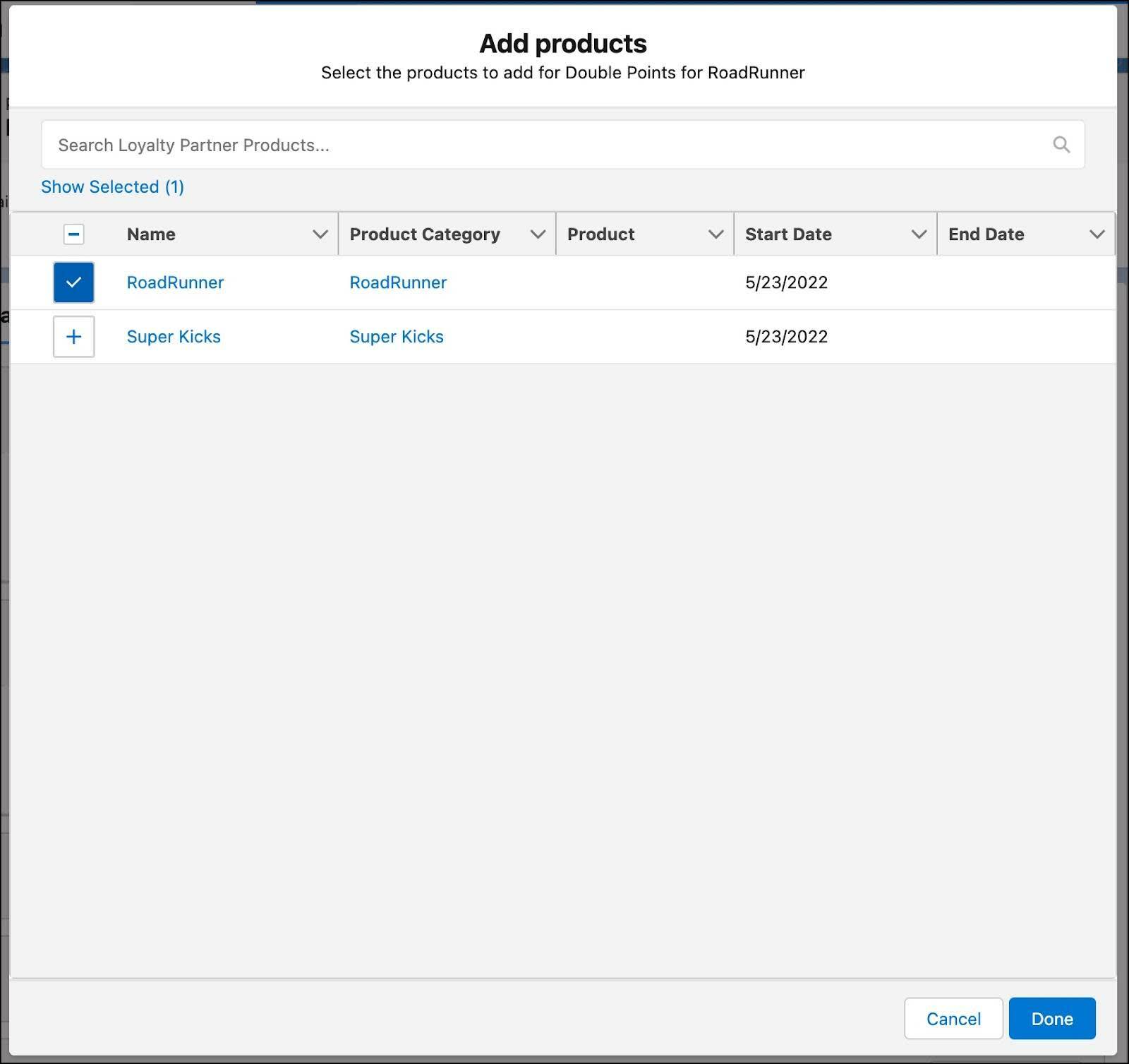 The Add Products window where you select products to add to the promotion.