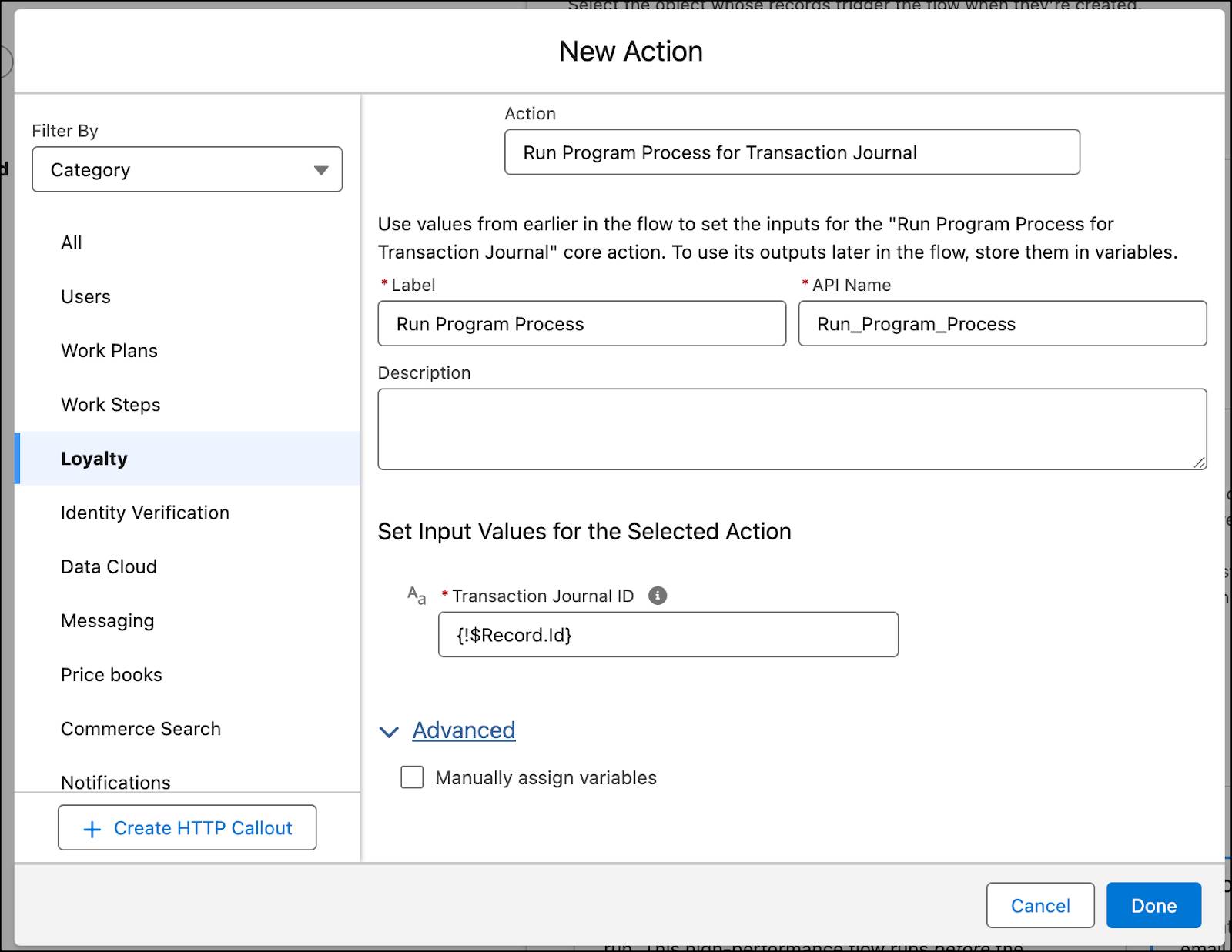 The New Action window for the Run Program Process for Transaction Journal action.