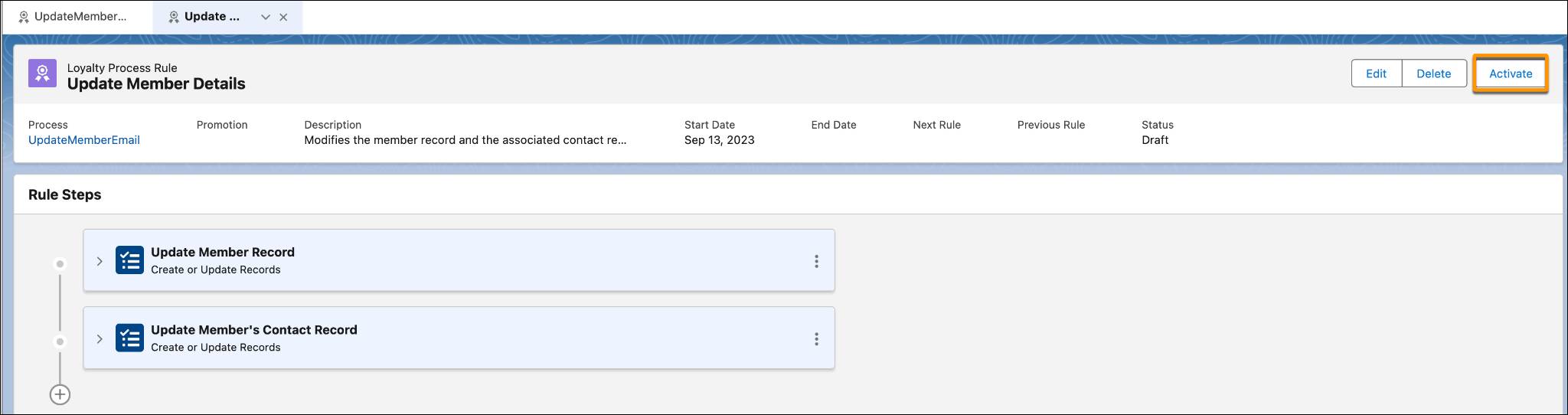 The process rule page where you add actions and conditions.