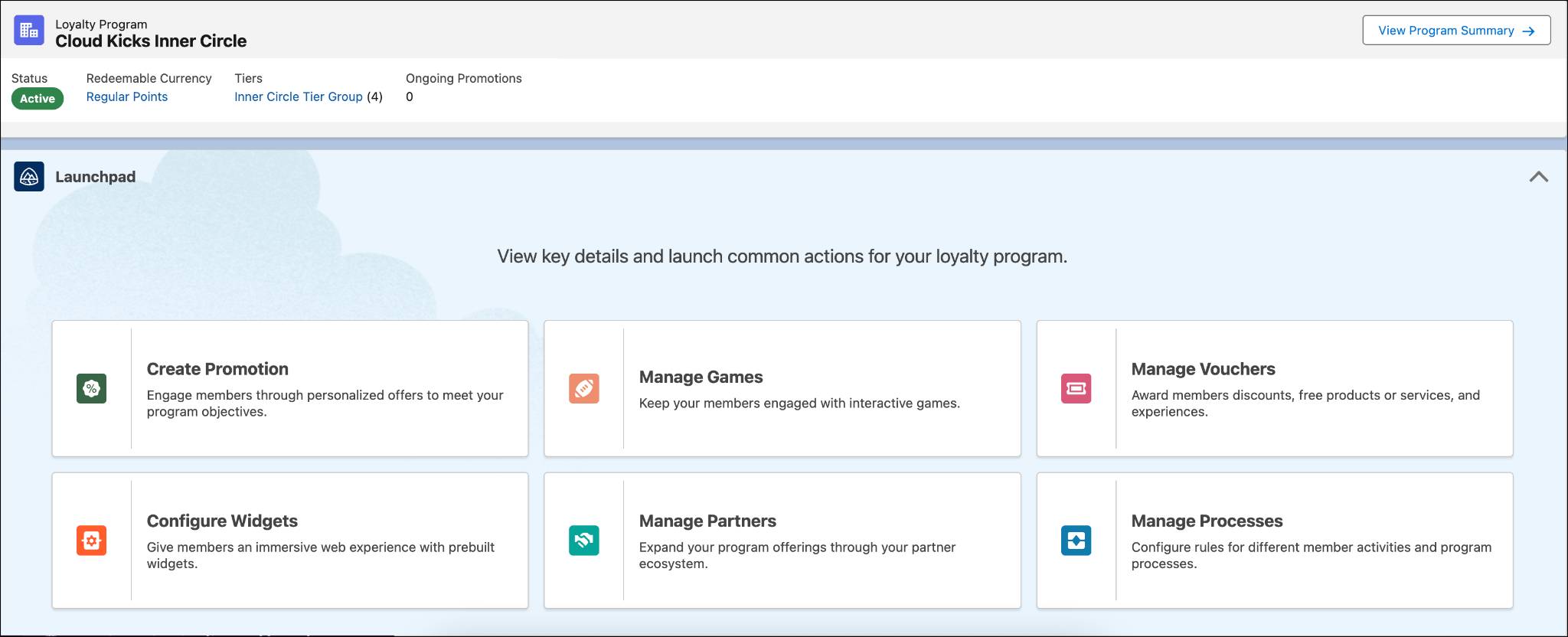 The various quick actions for setting up and managing loyalty programs in Launchpad.