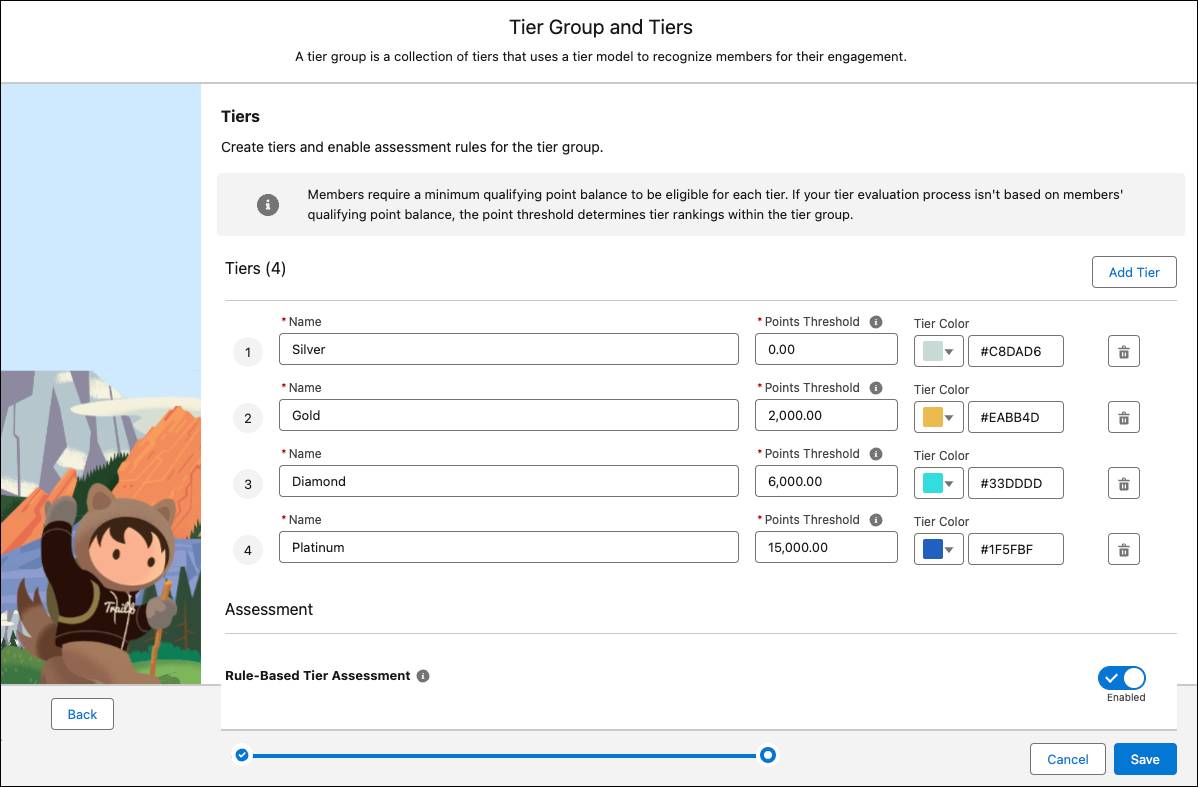 The guided setup window where you create tiers for Inner Circle Tier Group.