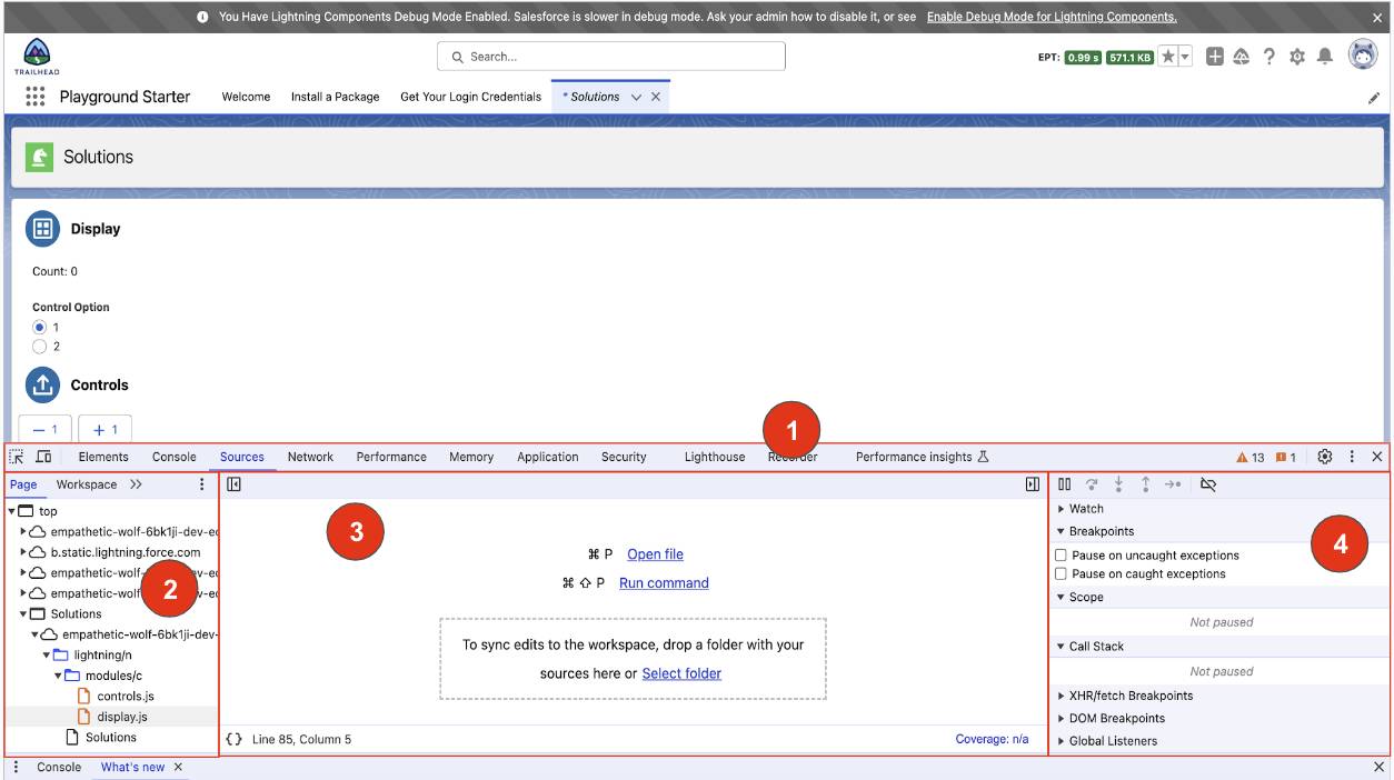 Solutions App with DevTools open. Callouts correspond to the description that follows.