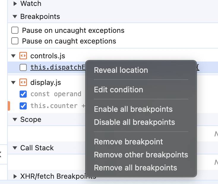 Right-clicking in the Breakpoints pane displays these additional options: Reveal location, Edit condition, Enable all breakpoints, Disable all breakpoints, Remove breakpoint, Remove other breakpoints, and Remove all breakpoints.